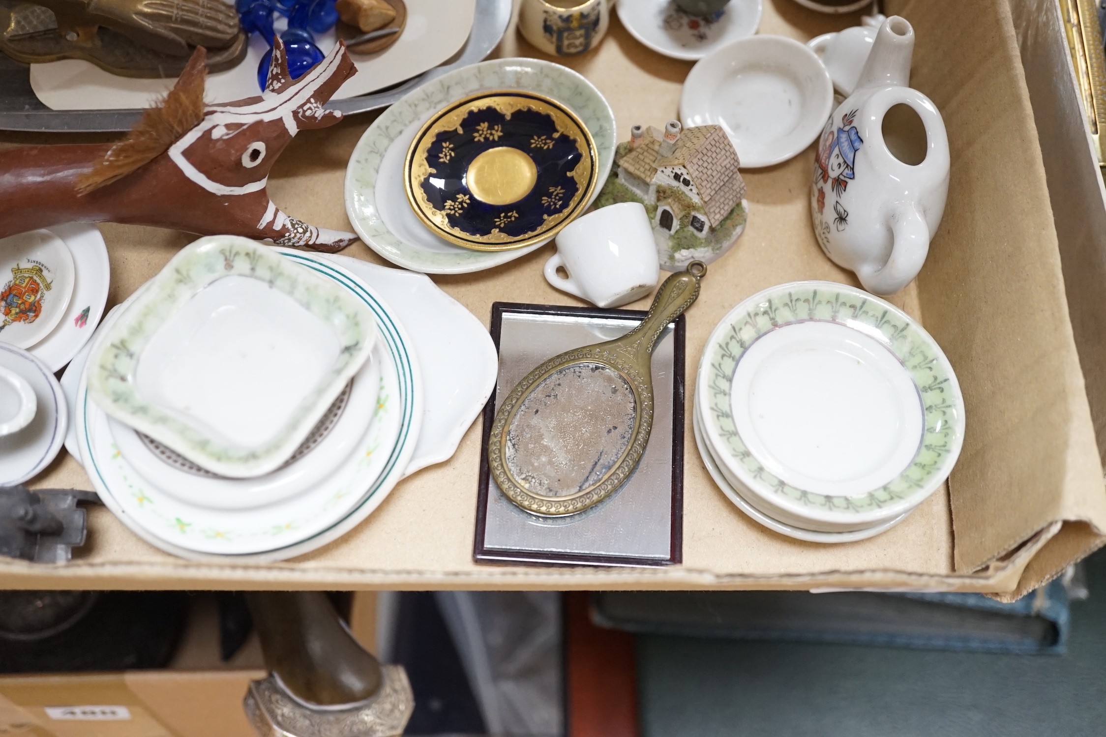 A collection of mixed odd dolls house ceramics including a miniature toy monkey, possibly Schuco